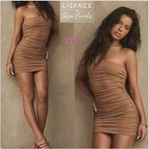 L SPACE x Tessa Brooks Exclusive One Shoulder‎ Dress Alana Camel Medium - Picture 1 of 6